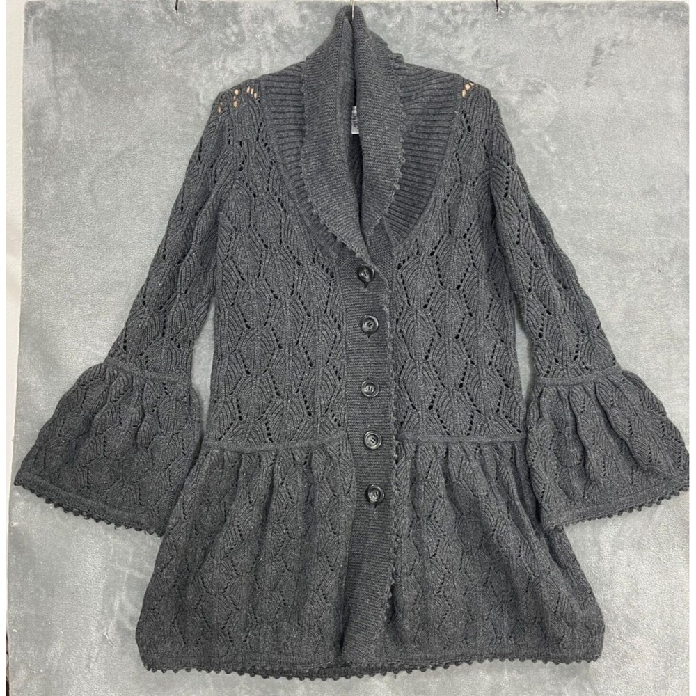 Diane von Furstenberg 100% Wool Joelle Cardigan Crochet Sweater Bell Sleeve Sz S